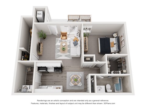 Floor plan for 1 bed, 1 bath, 750 sqft
